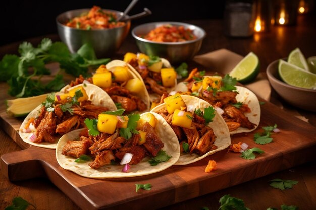 Tacos al pastor mexican traditional dish on wooden board Created with Generative AI technology