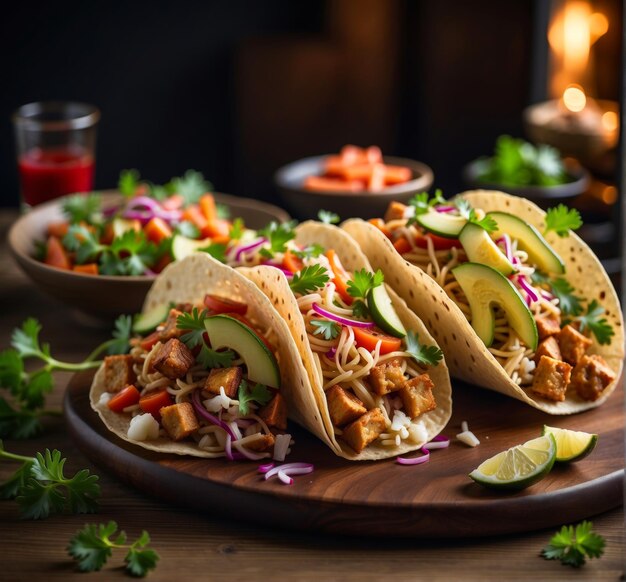 The tacos are appetising on a rustic wooden table