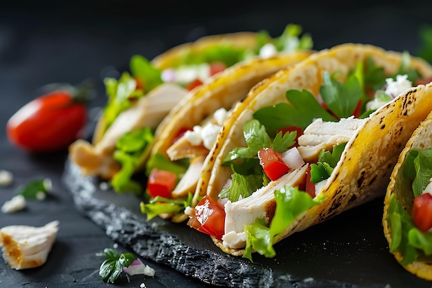 tacos are served on a black stone table