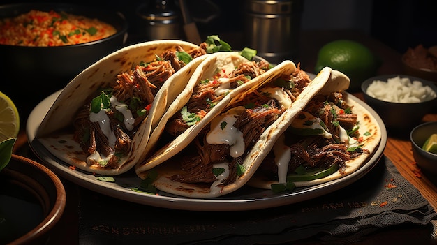 tacos are served on a plate with a menu for a restaurant.