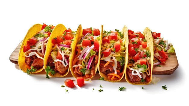 tacos are served in a row with a white background.