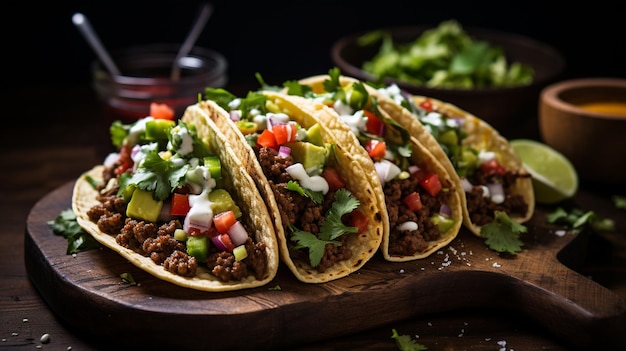 tacos are served on a wooden board including tortillas and lettuce