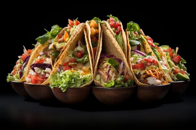 Tacos arranged in a pyramid shape showcasing their variety of fillings