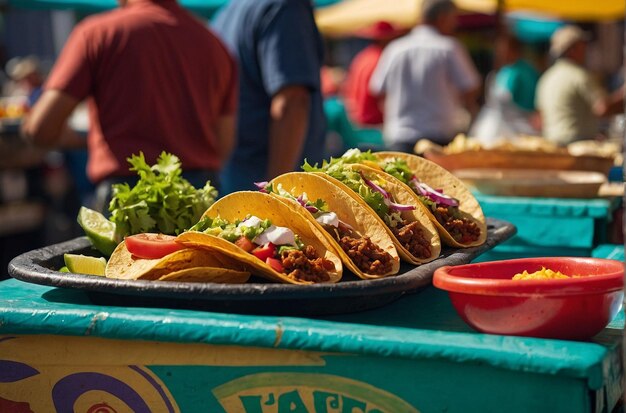 Photo tacos being served at a farmers market or food fair