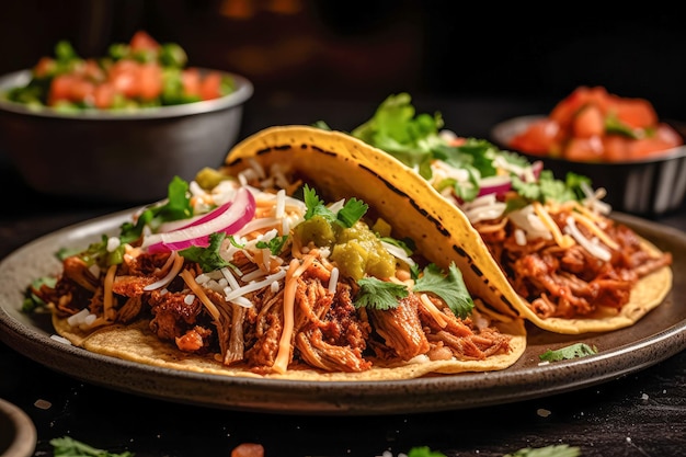 Tacos tortillas croccanti di farina e mais ripiene di salsiccia, salsa di formaggio e guacamole classico texmex o antipasto messicano preferito ai generative