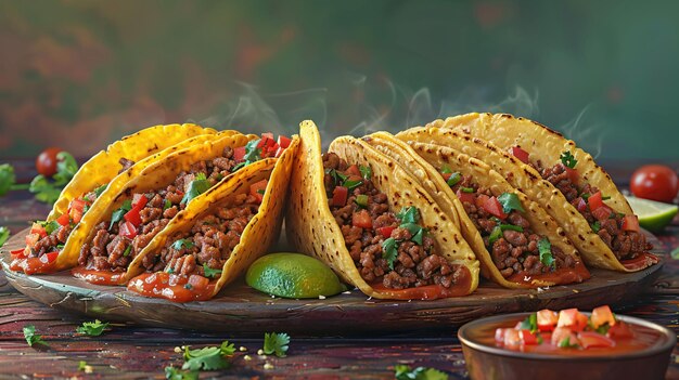 Foto tacos riempiti di manzo cotti in salsa di pomodoro e serviti con salsa in stile messicano