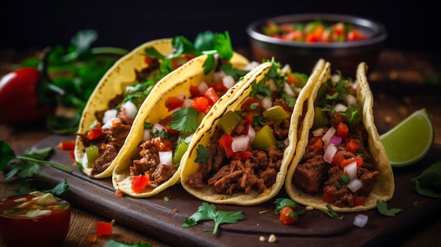 Tacos filled with seasoned beef garnished with salsa guacamole and fresh cilantro