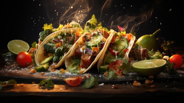 tacos filled with vegetables meat and melted mayonnaise on a wooden table with blurred background