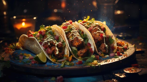 Tacos filled with vegetables meat and melted mayonnaise on a wooden table with blurred background