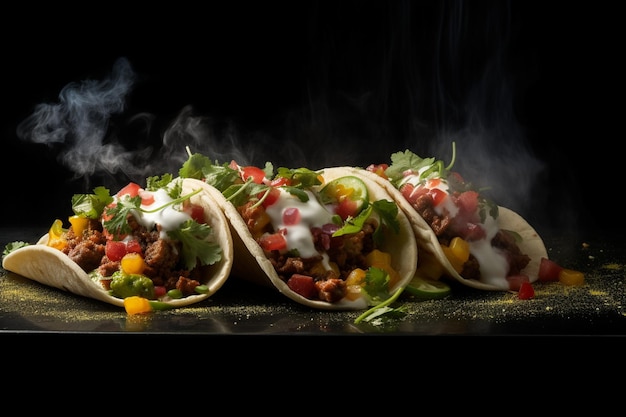 Tacos met vlees en groenten op een zwarte achtergrond met rook