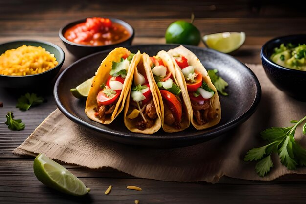 Tacos on a plate with a variety of ingredients including guacamole, tomatoes, and lime