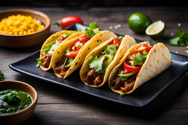 Tacos on a tray with a variety of ingredients including chicken and corn