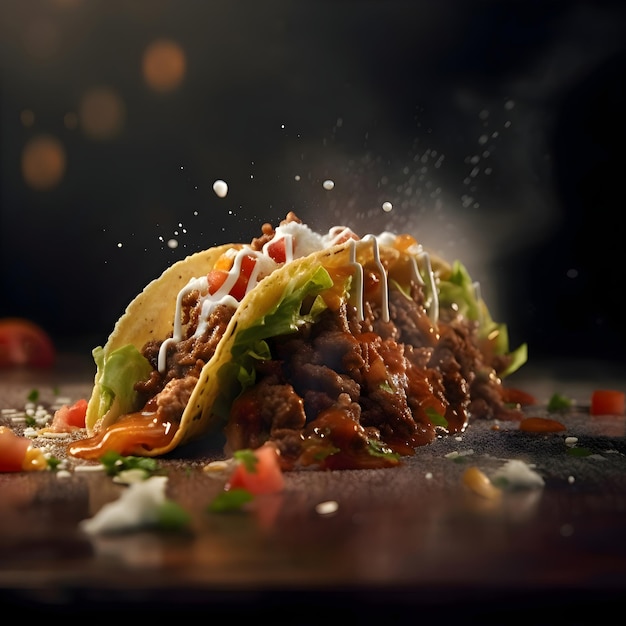 Tacos with meat and vegetables on a black background with smoke