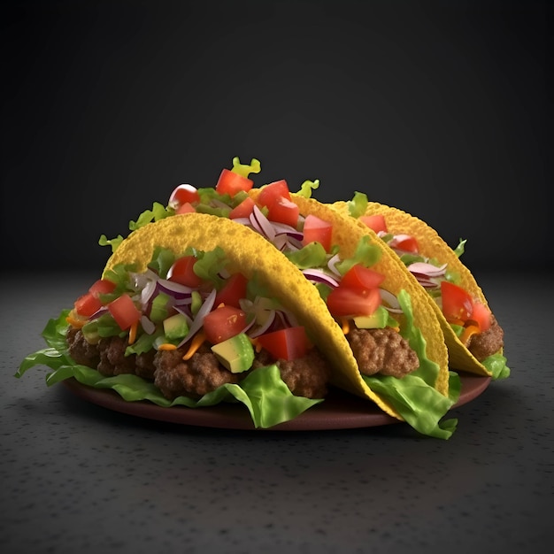 Tacos with meat and vegetables on a plate 3d rendering