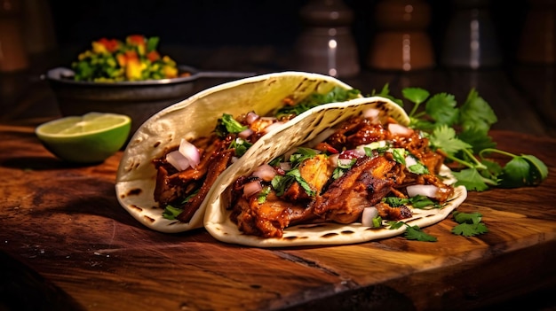 tacos with meat and vegetables on wooden board Mexican cuisine