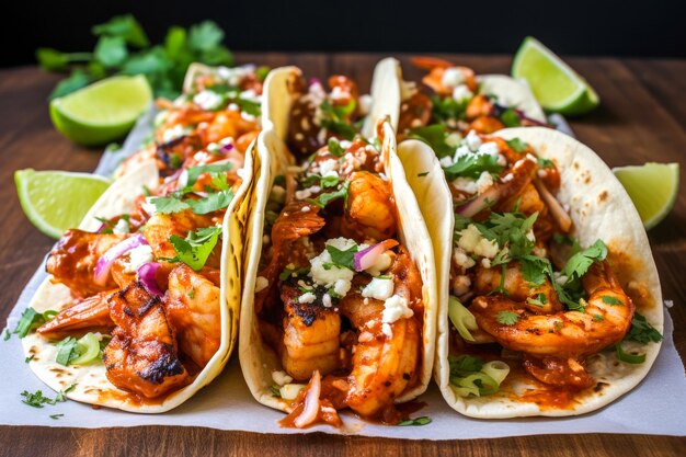 Tacos with shrimps and lime on a wooden table