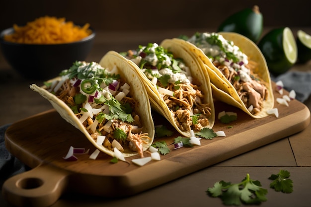 Tacos on a wooden board with rice and vegetables