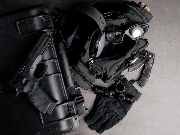 Tactical equipment, flat lay with copy space