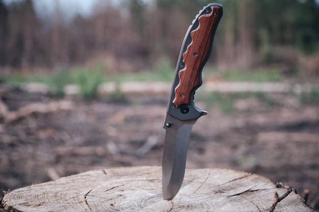 Фото Тактический нож для выживания и защиты в сложных условиях застрял в пне спиленного дерева в лесу