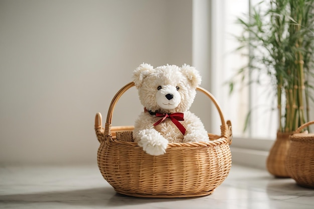 A tady bear in a Bamboo bucket white wall in the background and some flower