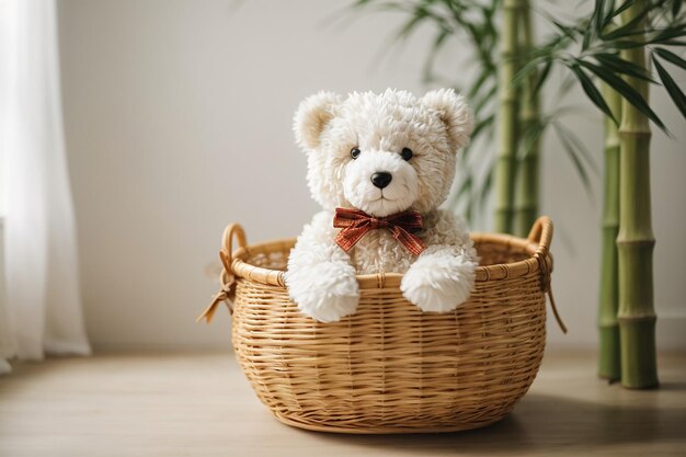 A tady bear in a Bamboo bucket white wall in the background and some flower