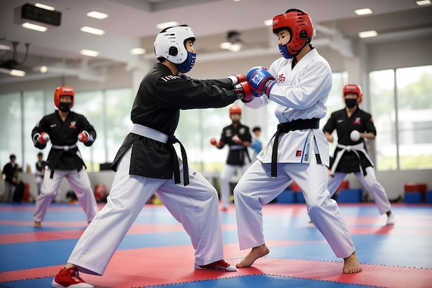 Photo the taekwondo athletes are practicing for the contest