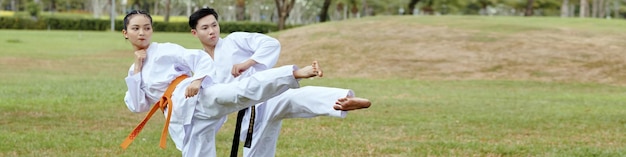 Taekwondo athletes doing side kick