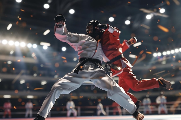 Photo taekwondo athletes sparring with high kicks and pu