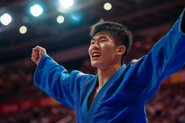 Taekwondo fighter in kimono in action during training with AI generated