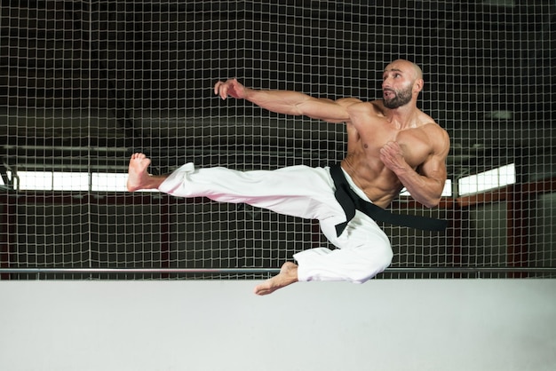 Taekwondo-vechterexpert met vechthouding