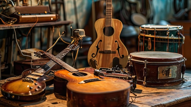 Tafel bedekt met verschillende muziekinstrumenten voor creatieve uitdrukking