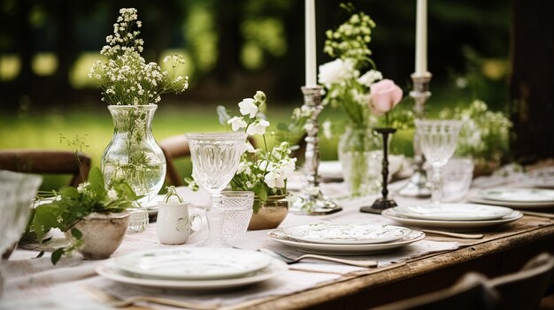 Foto tafel decoratie vakantie tafel landschap en diner tafel instelling in het platteland tuin formele evenement decoratie voor bruiloft familie viering engelse land en thuis styling inspiratie