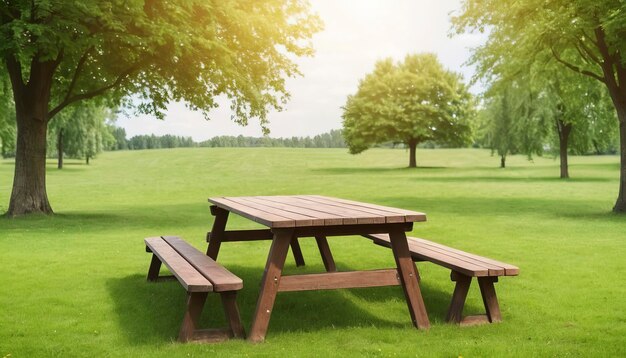 Tafel en banken in het park Picnic tafel op een groene weide Picnic achtergrond