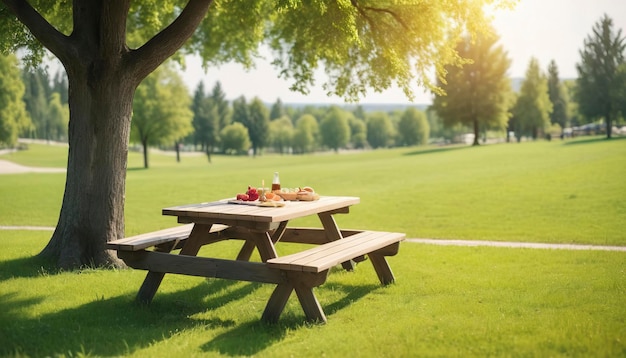 Tafel en banken in het park Picnic tafel op een groene weide Picnic achtergrond