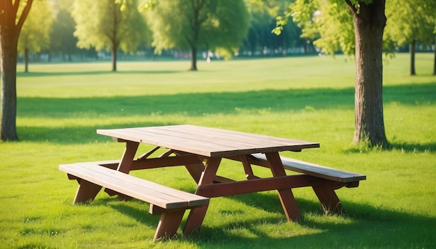 Tafel en banken in het park Picnic tafel op een groene weide Picnic achtergrond