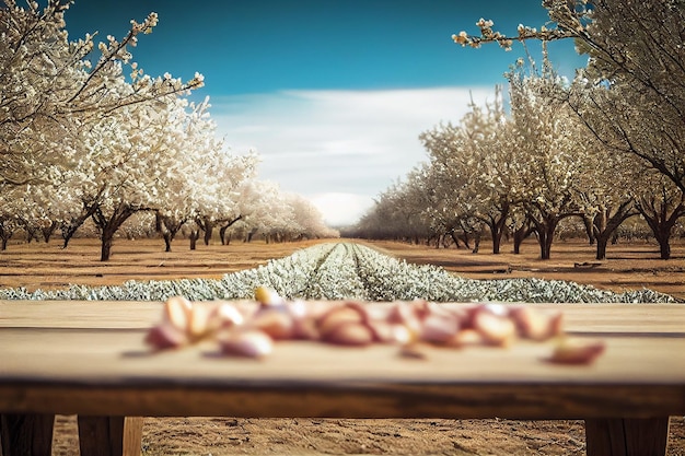 Tafel en bloeiende amandelboomgaard in het voorjaar voor productgeneratieve ai