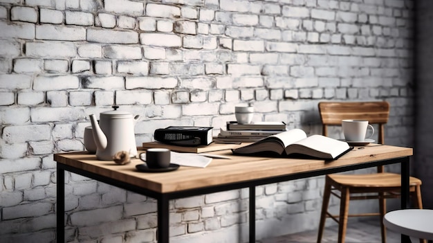 Tafel en boeken met koffie en witte bakstenen muur