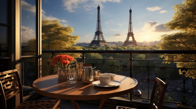 Tafel en stoelen met koffie en uitzicht op de Eiffeltoren in parijs