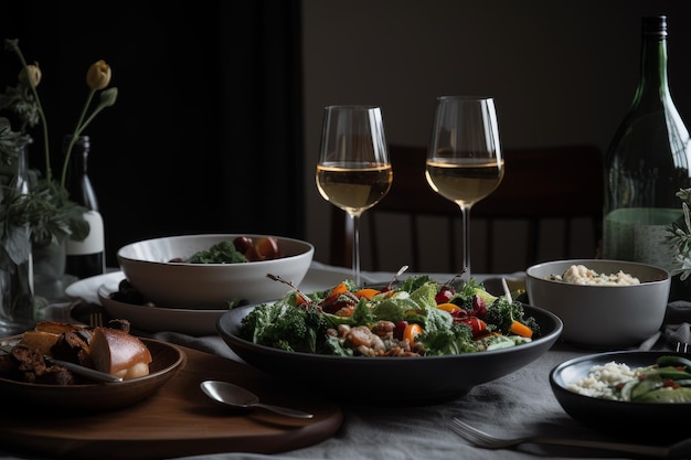 Tafel geserveerd salade wijn eten Eet bord Genereer Ai