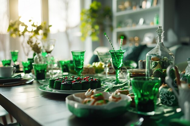 Tafel geserveerd voor St. Patrick's Day met verschillende gerechten en dranken.