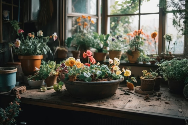 Tafel gevuld met diverse potplanten en bloemen Generatieve AI