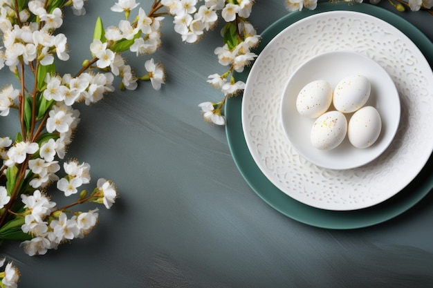 tafel inrichting met lente bloemen voor Pasen viering ai gegenereerd.