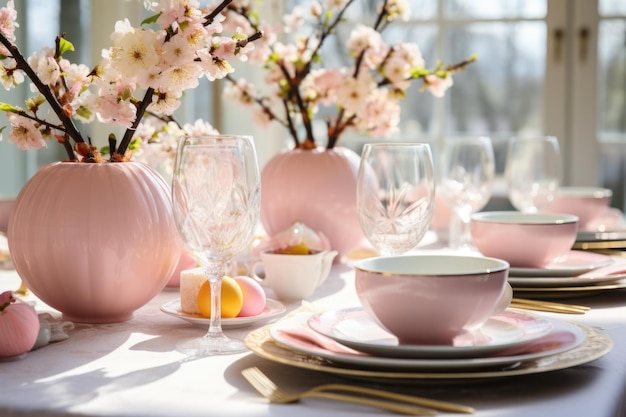 tafel inrichting met lente bloemen voor Pasen viering ai gegenereerd.