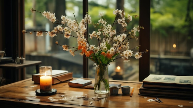 Tafel met bloemenvaas en kaars