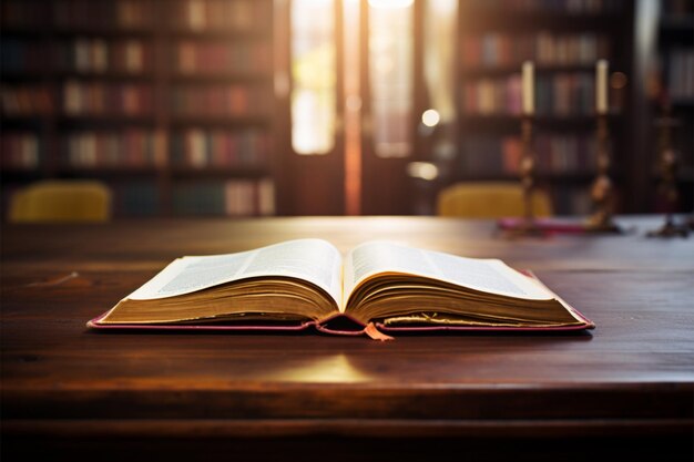 Tafel met boeken Een open boek op een houten tafel van de bibliotheek