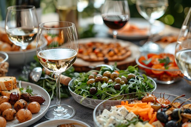 Tafel met borden met eten en glazen met wijn Generatieve AI