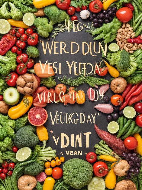 Tafel met de tekst VEGAN DAY en verschillende verse producten op witte houten achtergrond