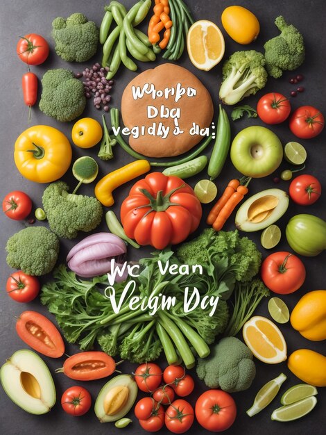 Tafel met de tekst VEGAN DAY en verse producten op houten achtergrond