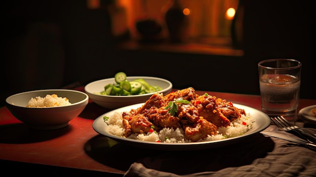 tafel met een bord chili kip versierd met fijn gehakte uien die de essentie van het gerecht vastleggen onder de beste lichtomstandigheden