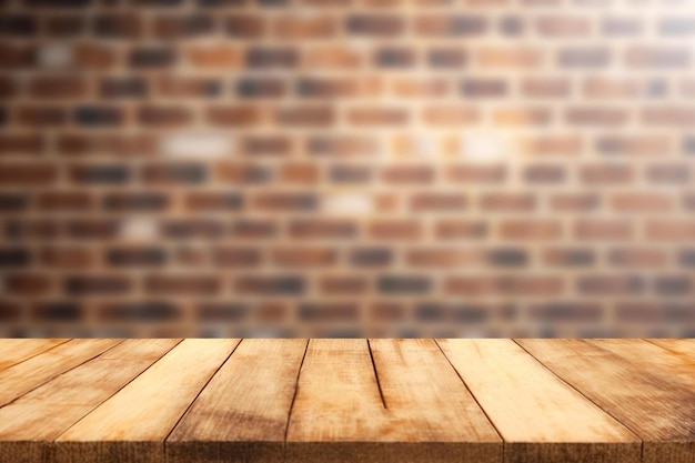 Tafel met een leeg bord en een wazige achtergrond Bruin hout in perspectief met een bakstenen achtergrond kan worden gebruikt om uw producten weer te geven of samen te stellen Lay-out